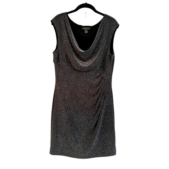 RALPH LAUREN, BLACK, RUCHED, SHIMMERY METALLIC, SLEEVELESS, FITTED DRESS.SIZE 14 - Picture 1 of 8
